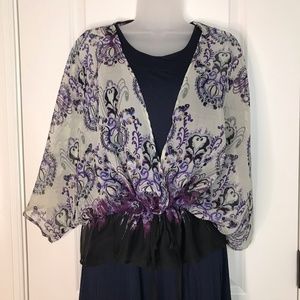 august silk Cream and Purple Floral Print Sheer Drawstring Tunic